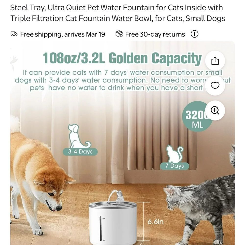Pet Fountain with Stainless Steel Tray, Automatic Dog / Cat Water Bowl Fountain